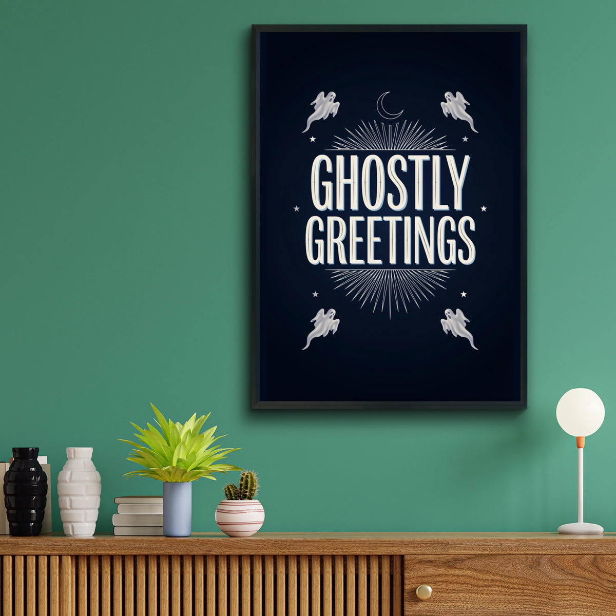 Ghostly Greetings Halloween Poster, Spooky Ghost Wall Art, Navy Blue Celestial Print