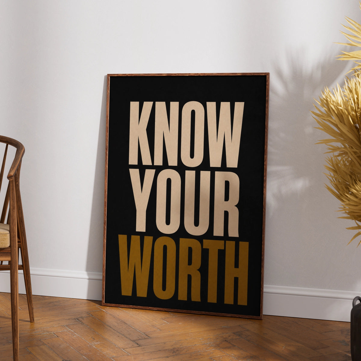 Know Your Worth Motivational Quote Poster, Bold Typography Wall Art, Black Gold