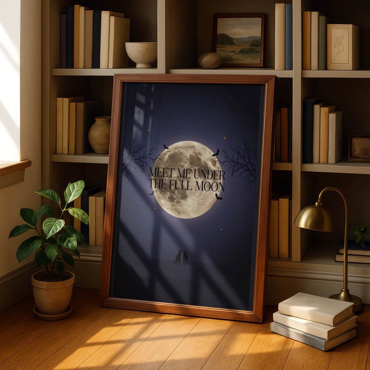 Meet Me Under The Full Moon Poster, Black Cat Halloween Wall Art, Spooky Night Print