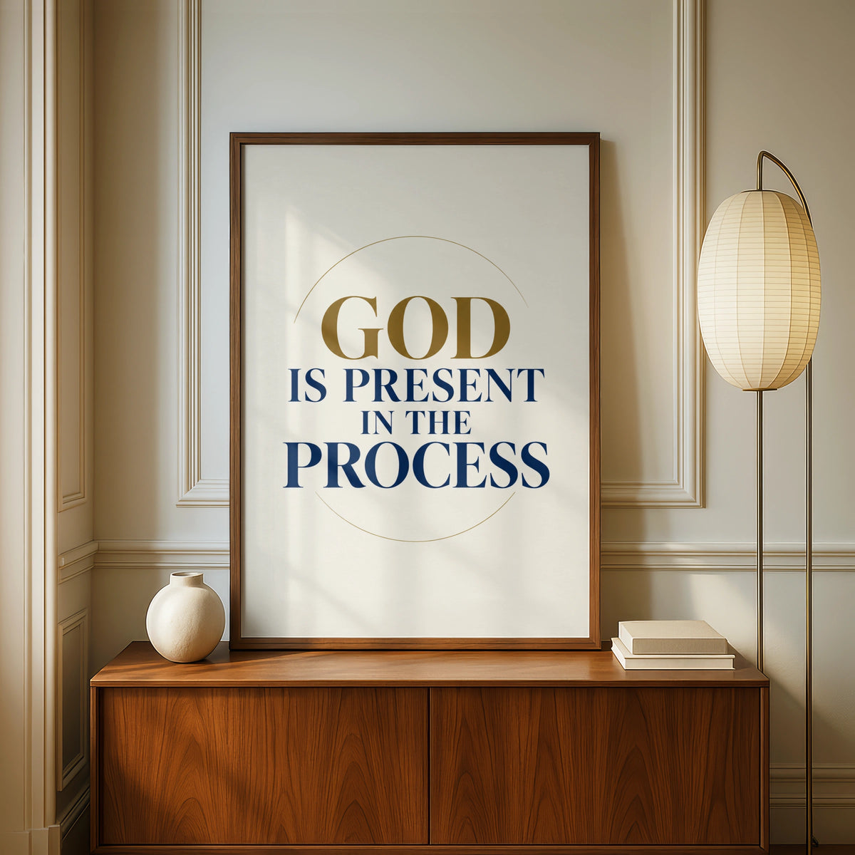 God Is Present In The Process Christian Quote Poster, Faith Wall Art, Navy Gold