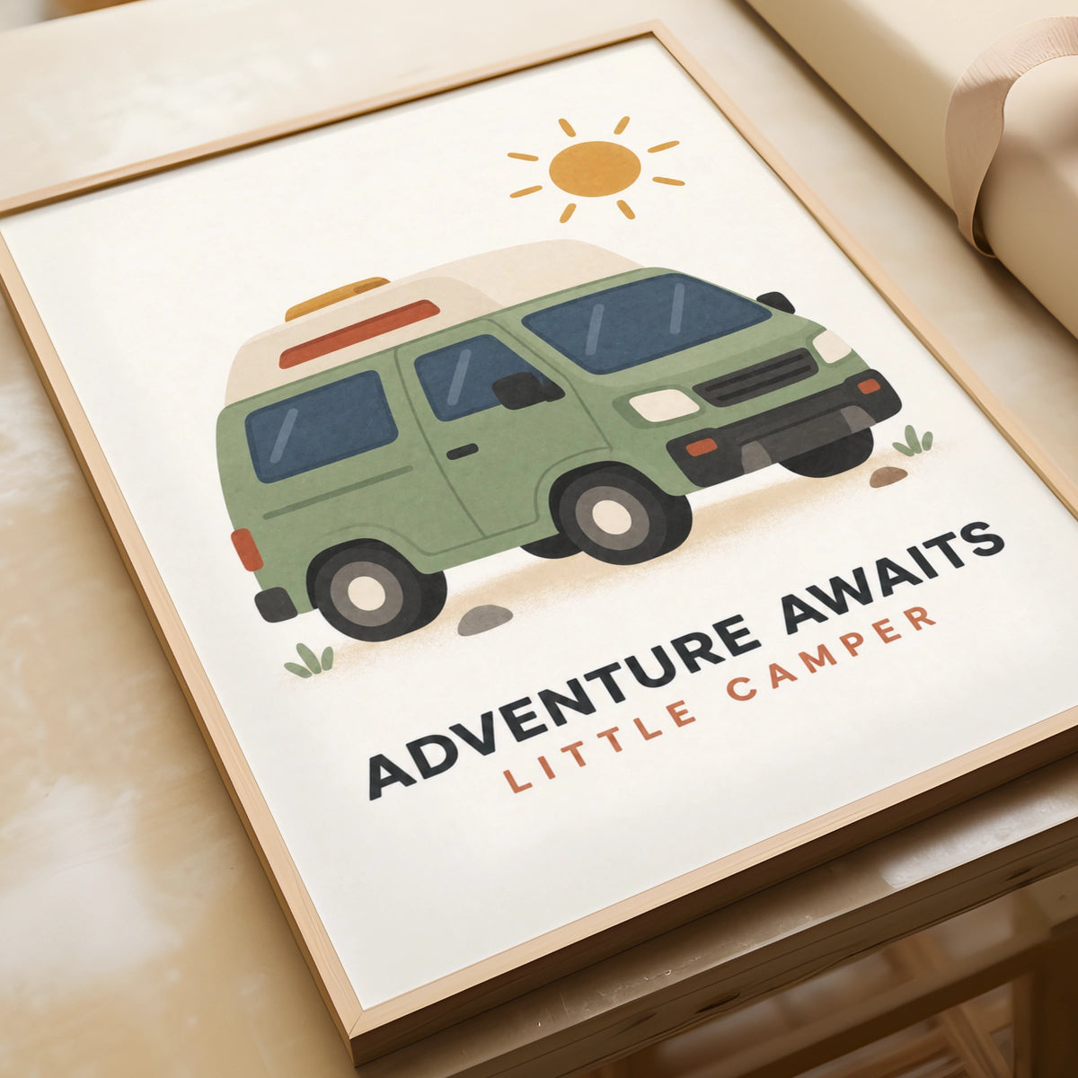 Adventure Awaits Little Camper Poster, Kids Camping Wall Art, Campervan Nursery Print, Van Life