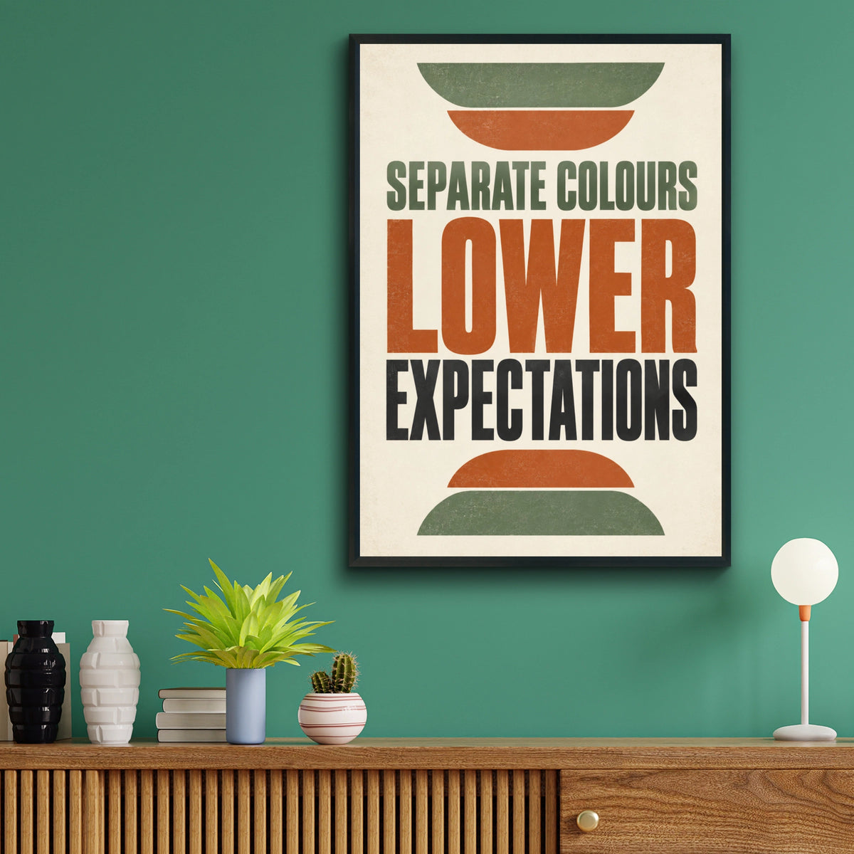 Lower Expectations Funny Quote Poster, Retro Humour Wall Art, Terracotta Green Home Print