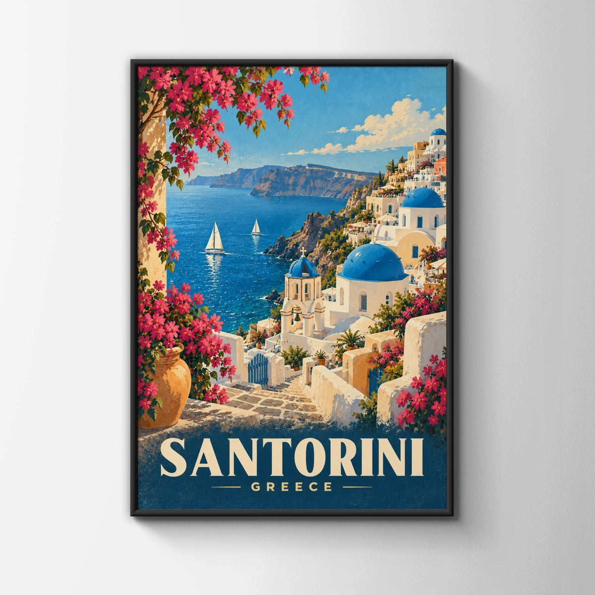 Santorini Greece Travel Poster, Mediterranean Wall Art, Blue Dome Church Print