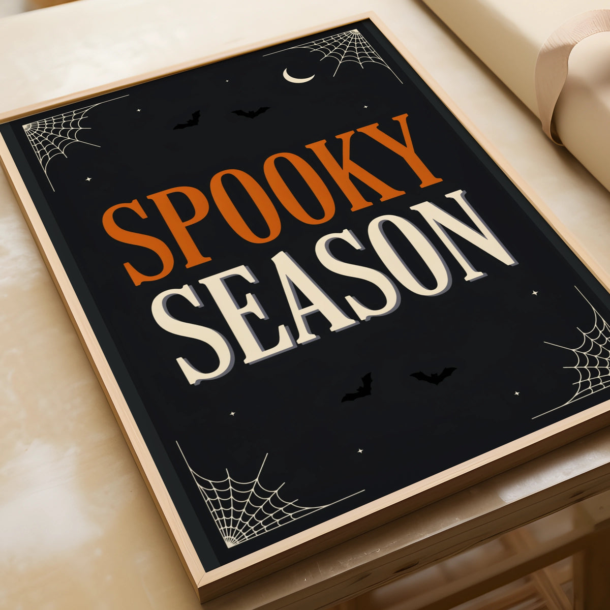 Spooky Season Halloween Poster, Black Orange Wall Art, Bat Spider Web Print, A3