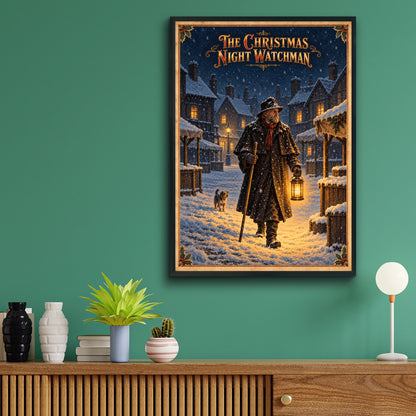 Victorian Christmas Night Watchman Poster, Snowy Village Wall Art, Vintage Festive Print