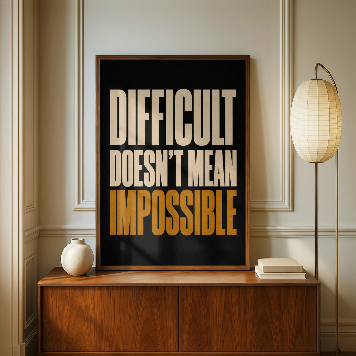 Difficult Doesn't Mean Impossible Motivational Quote Poster, Bold Black Gold Wall Art