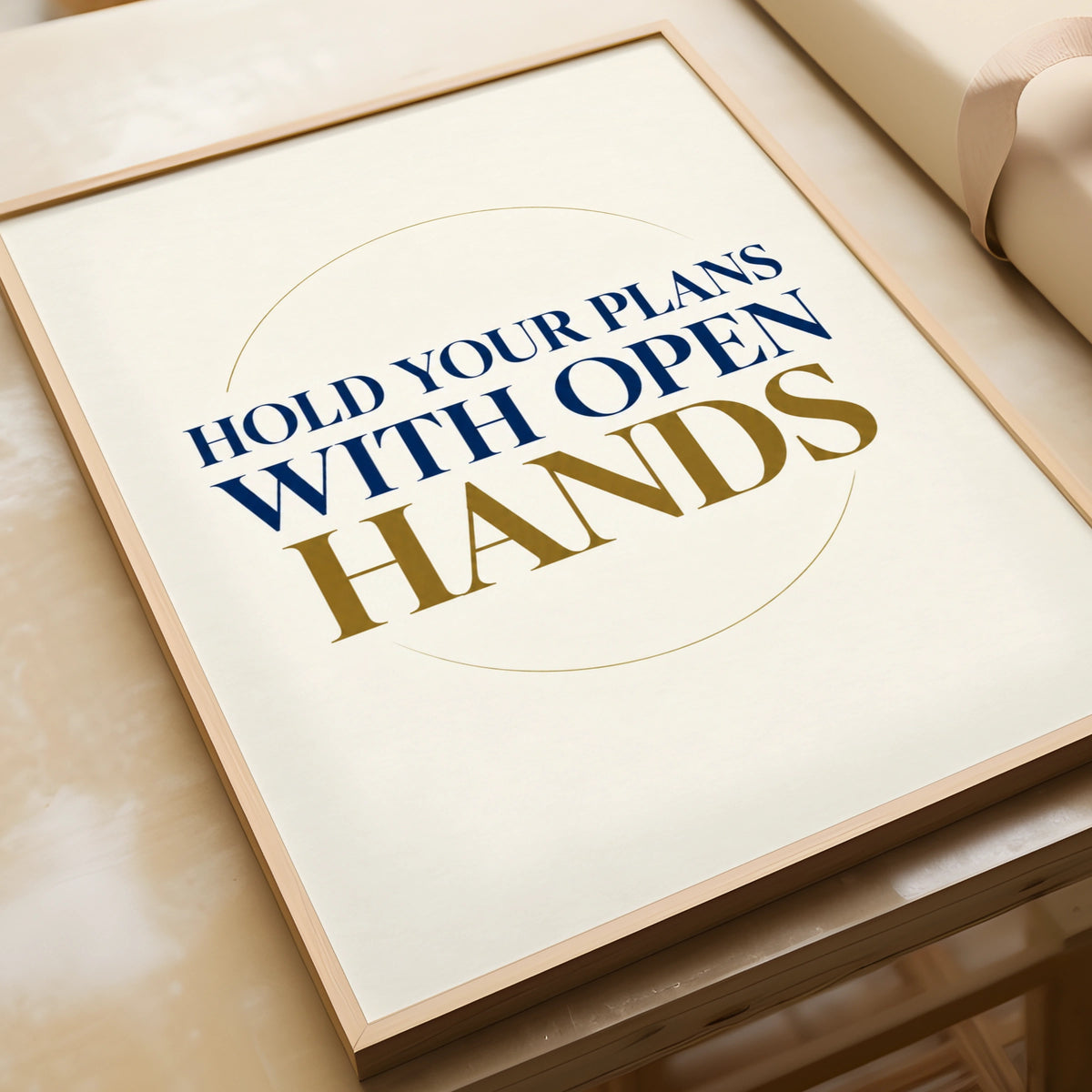 Hold Your Plans With Open Hands Quote Print, Navy Gold Inspirational Wall Art