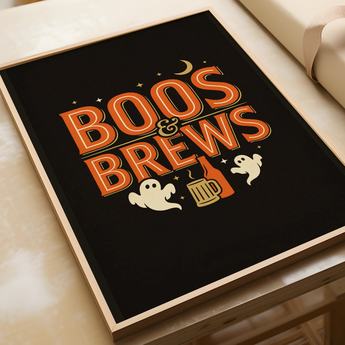 Boos and Brews Halloween Poster, Ghost Beer Print, Spooky Bar Wall Art, Orange Black