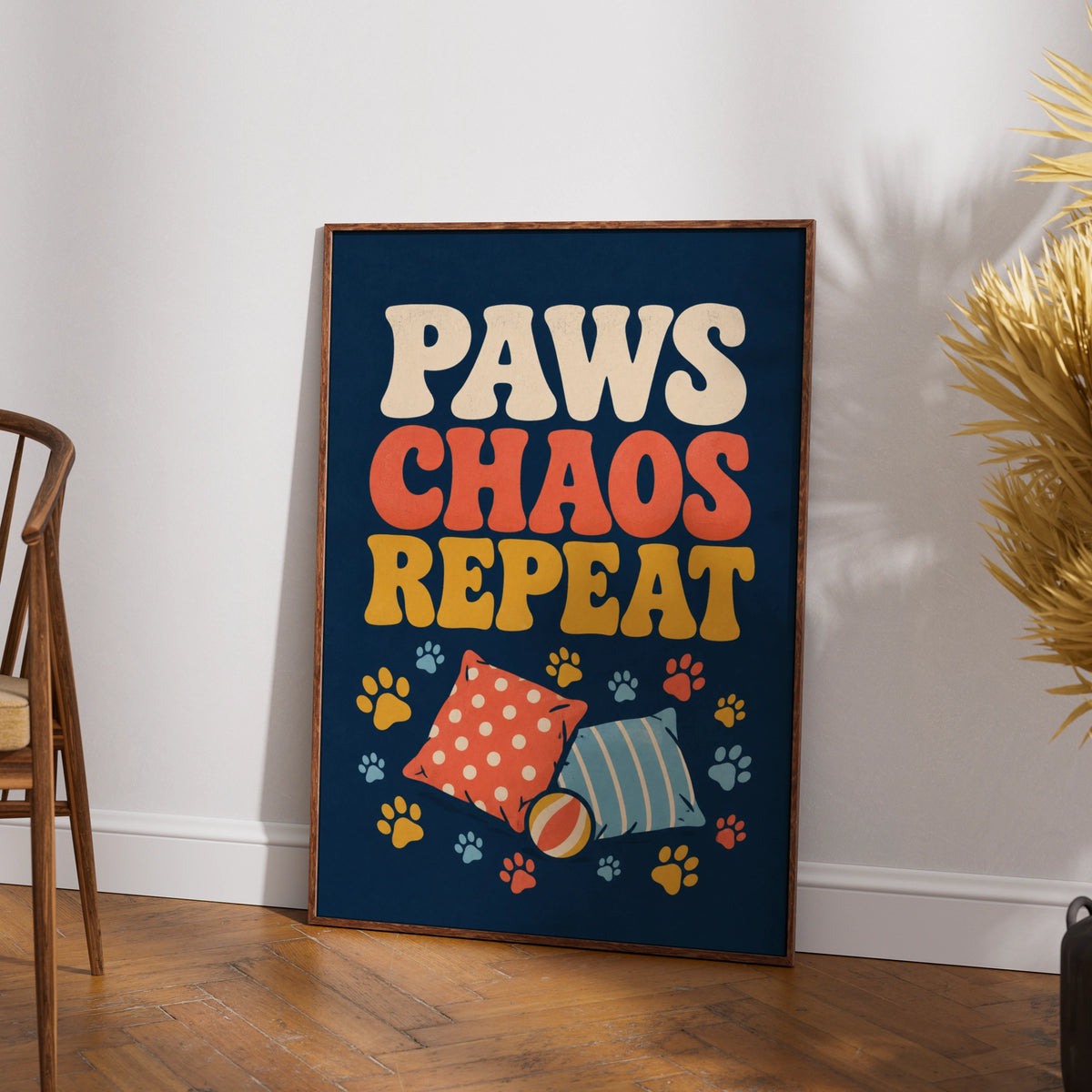 Paws Chaos Repeat Retro Dog Poster, Funny Pet Wall Art, Groovy Dog Owner Gift Print
