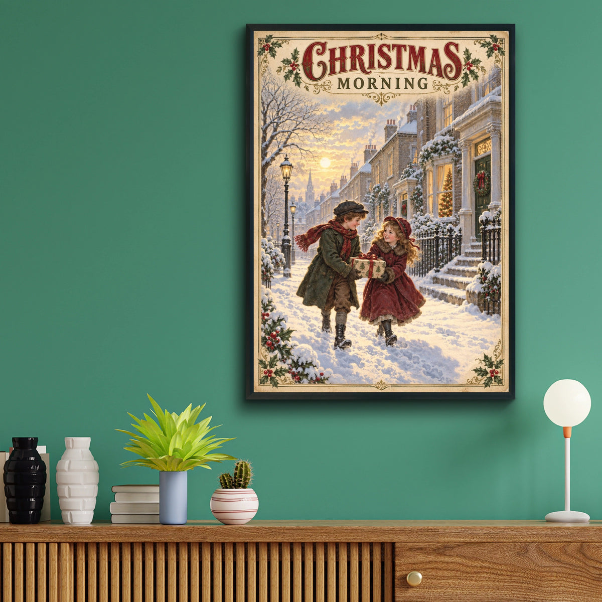 Victorian Christmas Morning Street Scene Poster, Vintage Snowy Children Wall Art Print
