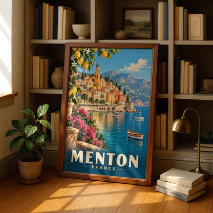 Menton France Travel Poster, French Riviera Wall Art, Vintage Mediterranean Print