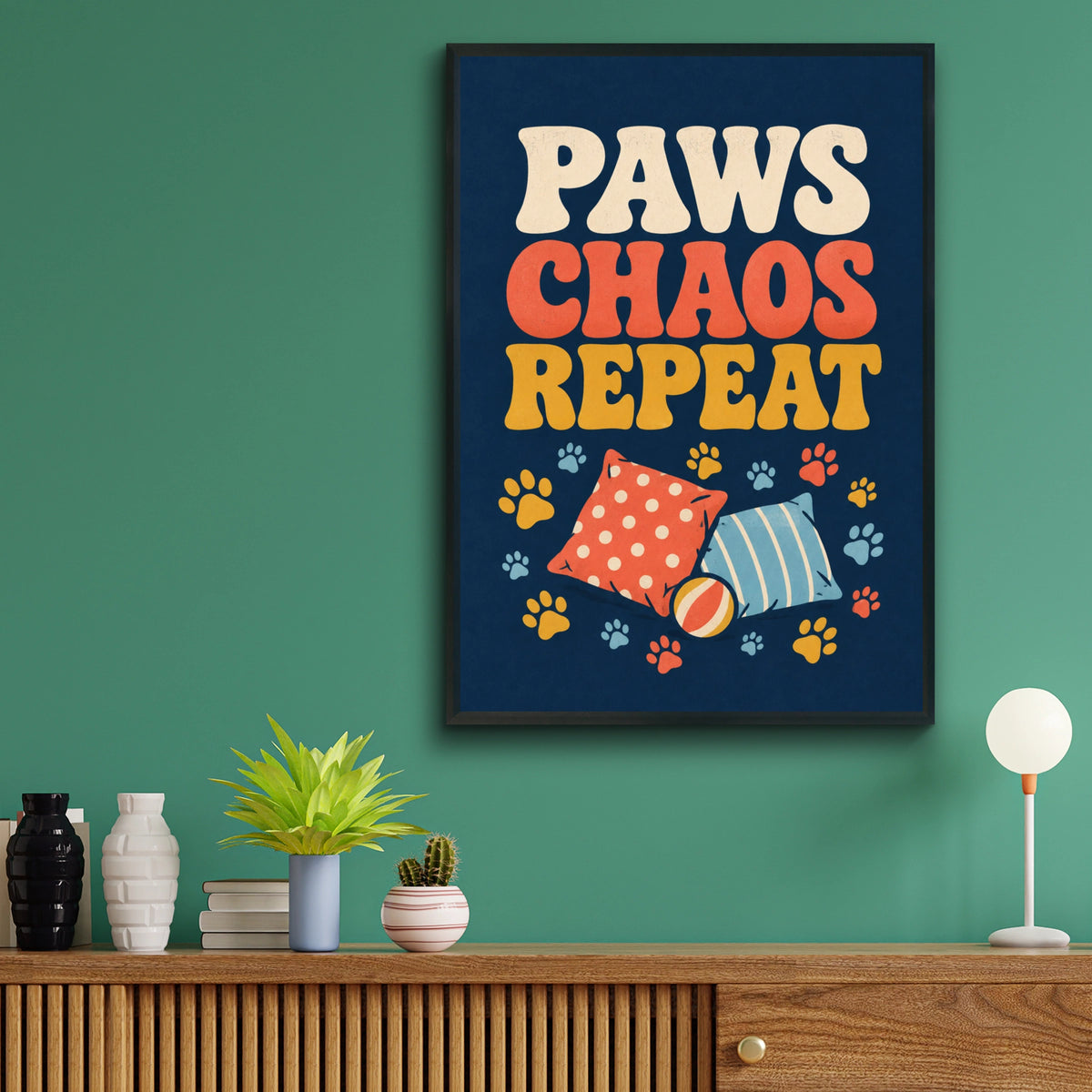Paws Chaos Repeat Retro Dog Poster, Funny Pet Wall Art, Groovy Dog Owner Gift Print