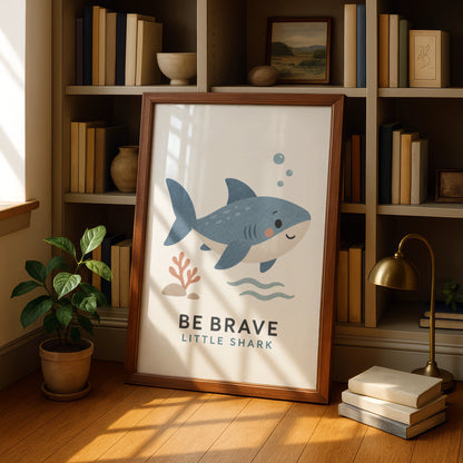 Be Brave Little Shark Nursery Print, Cute Ocean Wall Art, Kids Room Poster, Blue