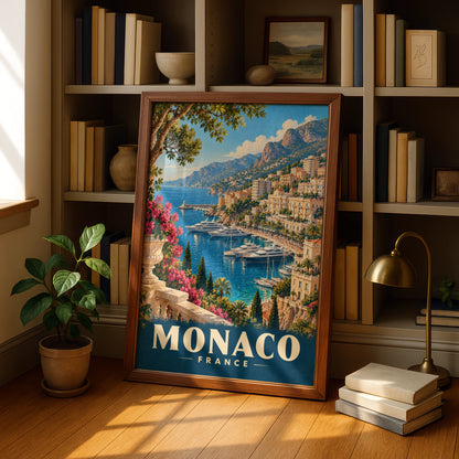 Monaco France Vintage Travel Poster, Retro Riviera Harbour Wall Art Print