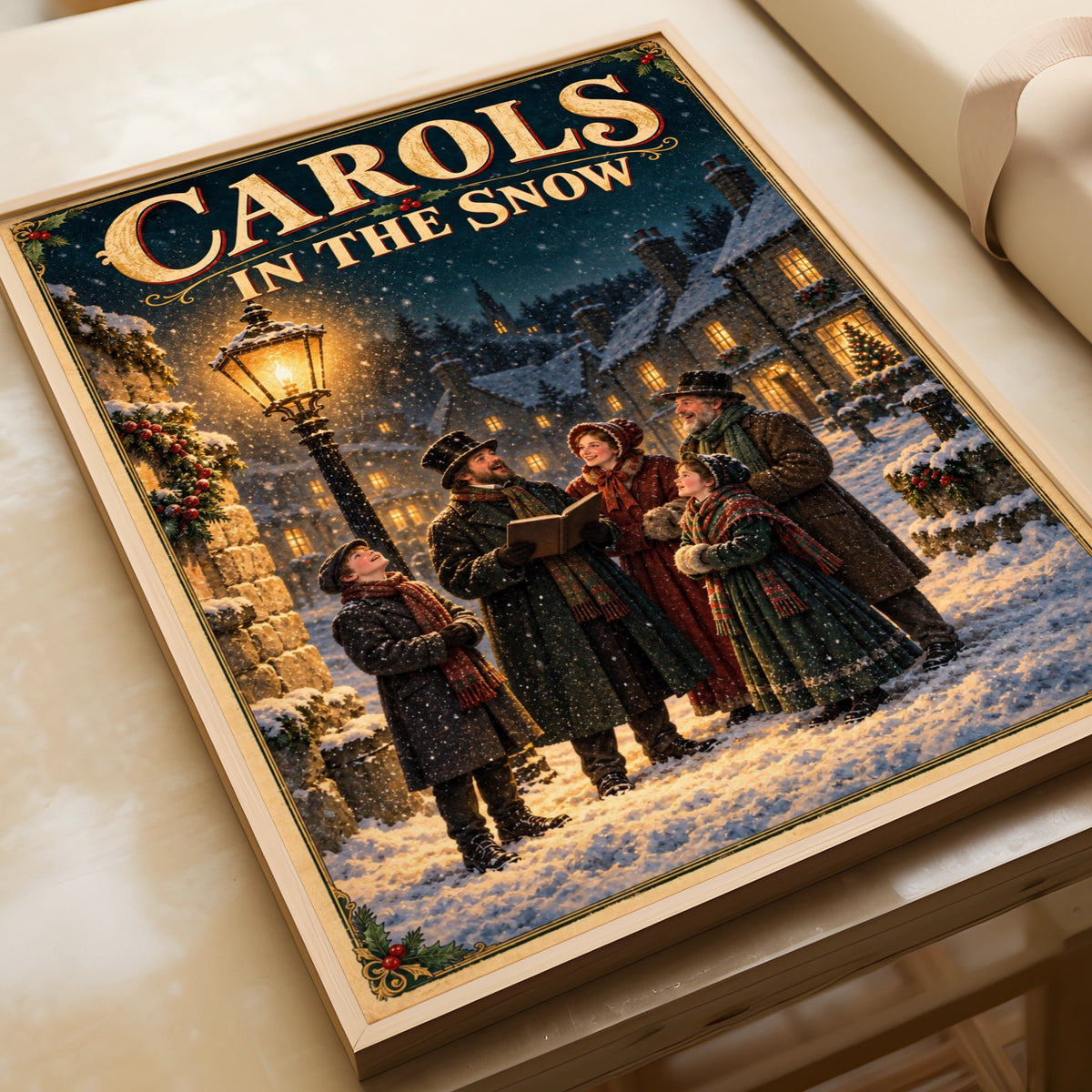 Carols in the Snow Victorian Christmas Poster, Festive Carol Singers Wall Art Print