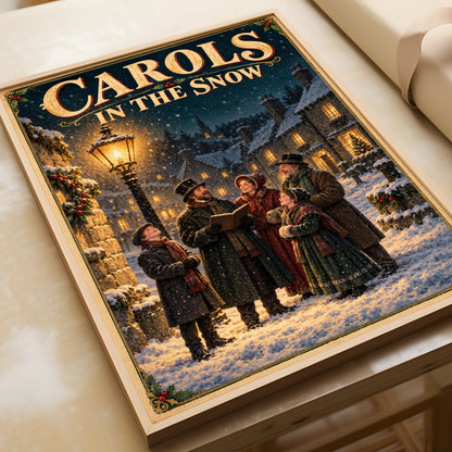 Carols in the Snow Victorian Christmas Poster, Festive Carol Singers Wall Art Print