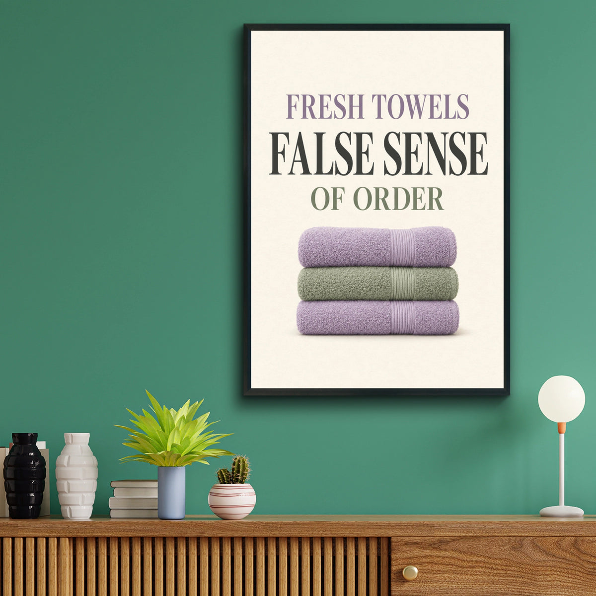 Fresh Towels False Sense of Order Funny Bathroom Poster, Humour Wall Art Print