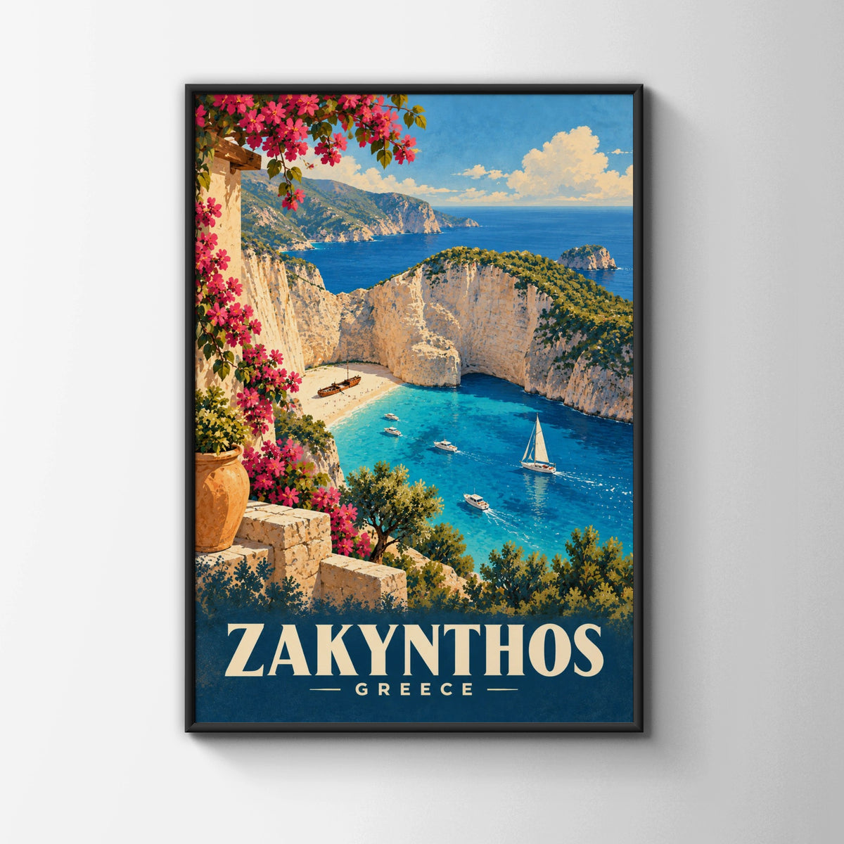 Zakynthos Greece Travel Poster, Navagio Beach Wall Art, Greek Island Print, Mediterranean Decor