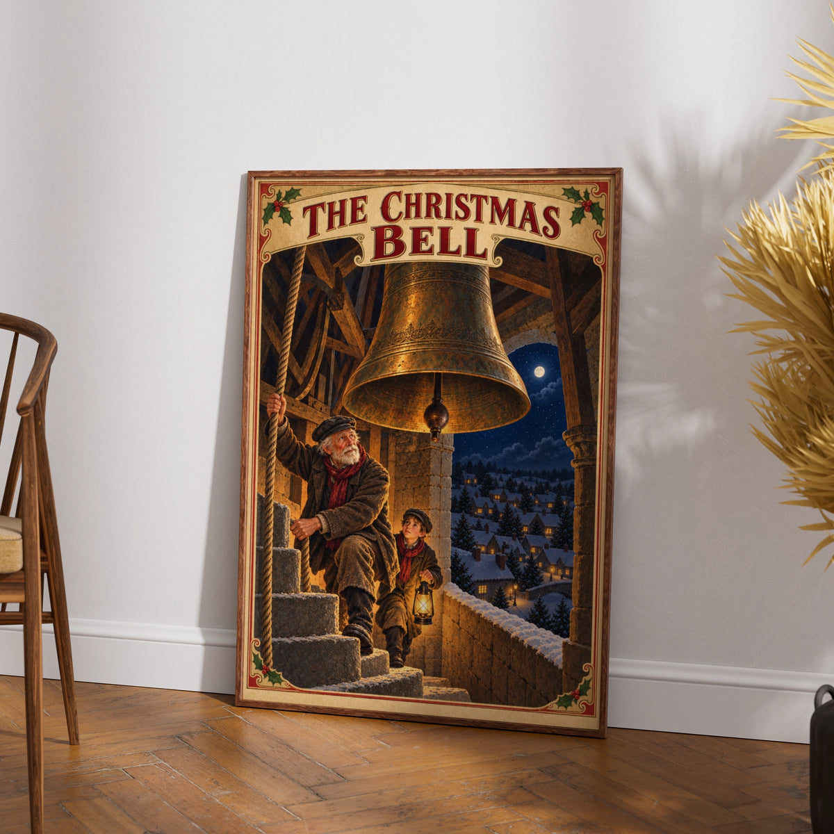 Victorian Christmas Bell Tower Poster, Vintage Festive Wall Art, Snowy Village Print