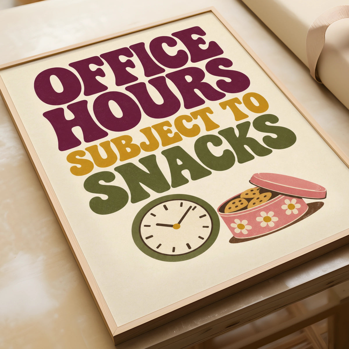 Office Hours Subject To Snacks Poster, Funny Work Quote, Retro Home Office Wall Art