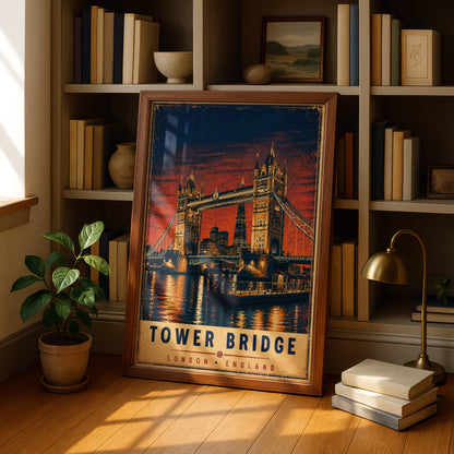 Tower Bridge London Vintage Travel Poster, Retro England Wall Art Print