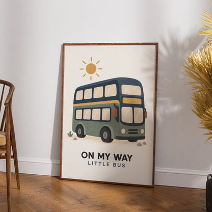 Double Decker Bus Kids Wall Art, On My Way Little Bus Nursery Poster, Transport Print