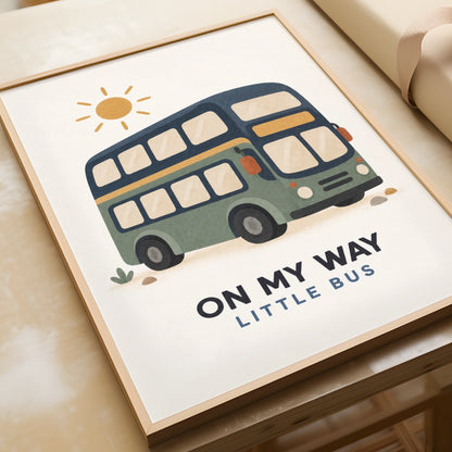 Double Decker Bus Kids Wall Art, On My Way Little Bus Nursery Poster, Transport Print