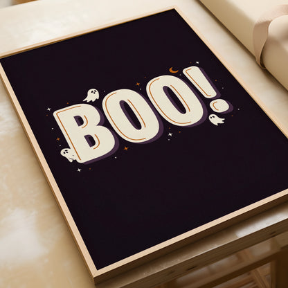Boo Halloween Ghost Poster, Spooky Wall Art, Dark Purple Retro Typography Print