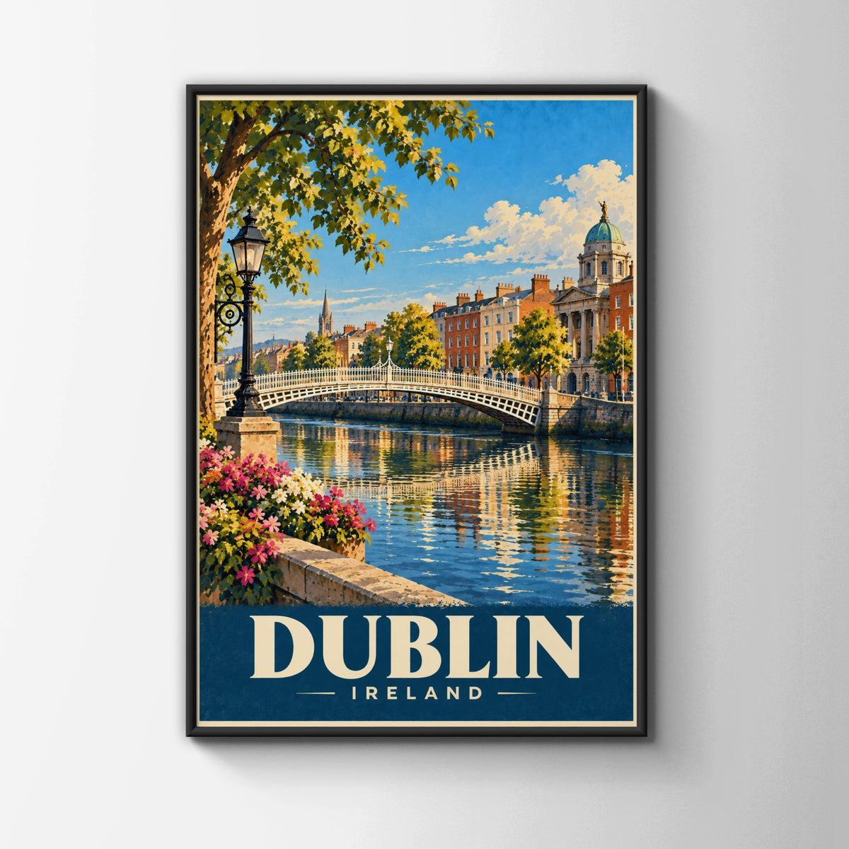 Dublin Ireland Travel Poster, Ha'penny Bridge Wall Art, Vintage Irish City Print