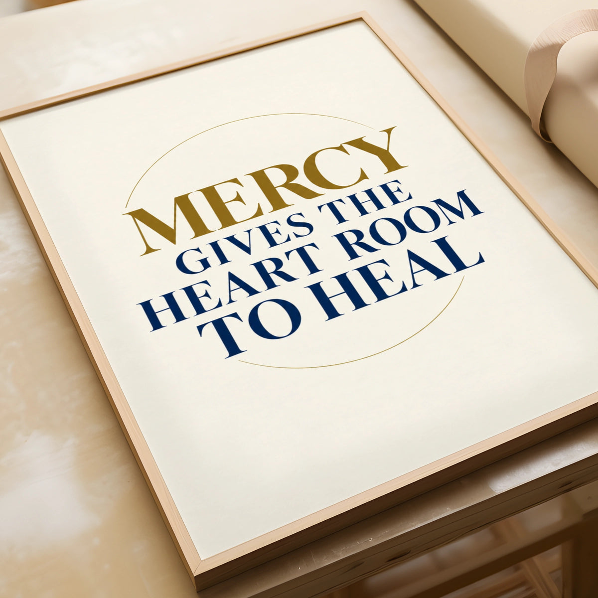 Mercy Gives The Heart Room To Heal Quote Poster, Navy Gold Inspirational Wall Art