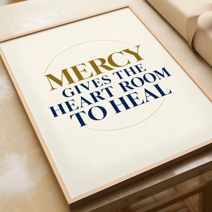 Mercy Gives The Heart Room To Heal Quote Poster, Navy Gold Inspirational Wall Art