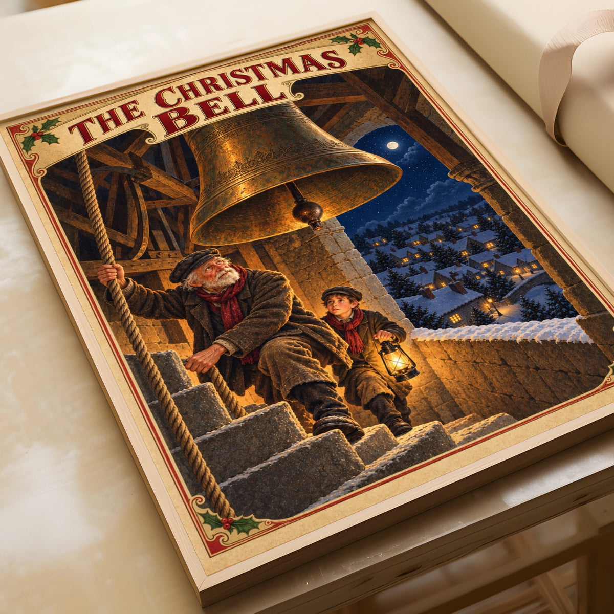 Victorian Christmas Bell Tower Poster, Vintage Festive Wall Art, Snowy Village Print