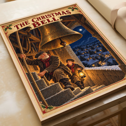 Victorian Christmas Bell Tower Poster, Vintage Festive Wall Art, Snowy Village Print