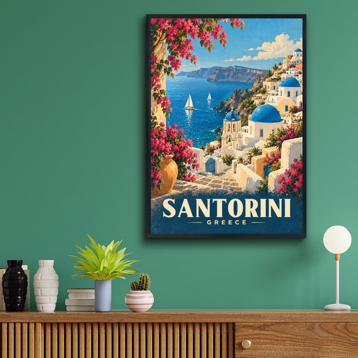 Santorini Greece Travel Poster, Mediterranean Wall Art, Blue Dome Church Print