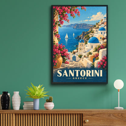 Santorini Greece Travel Poster, Mediterranean Wall Art, Blue Dome Church Print