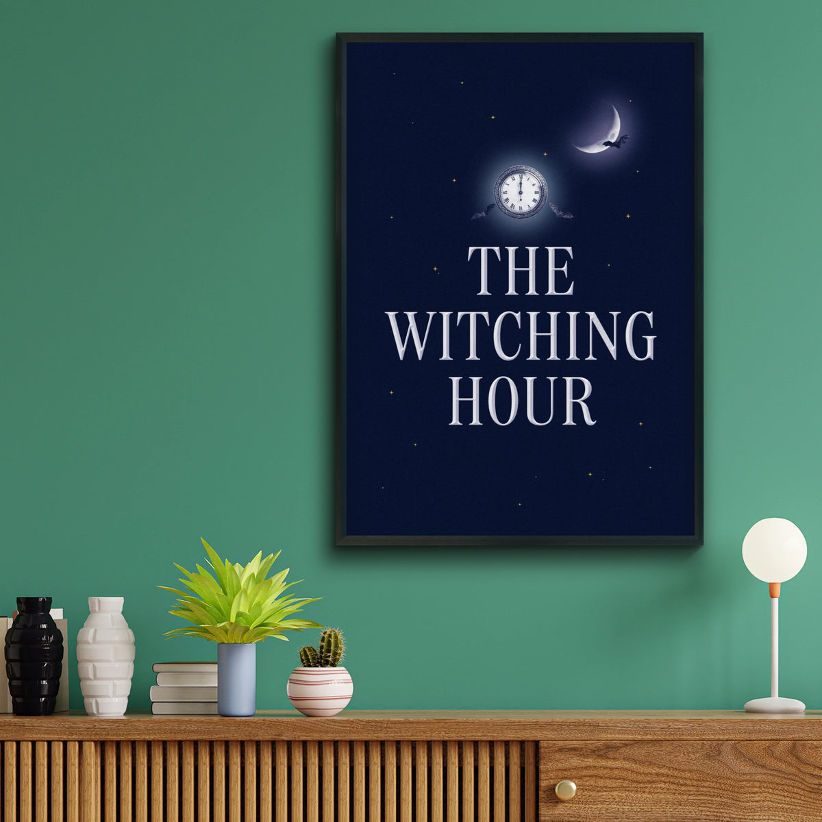 The Witching Hour Halloween Poster, Gothic Bat Moon Clock Wall Art, Dark Navy Print