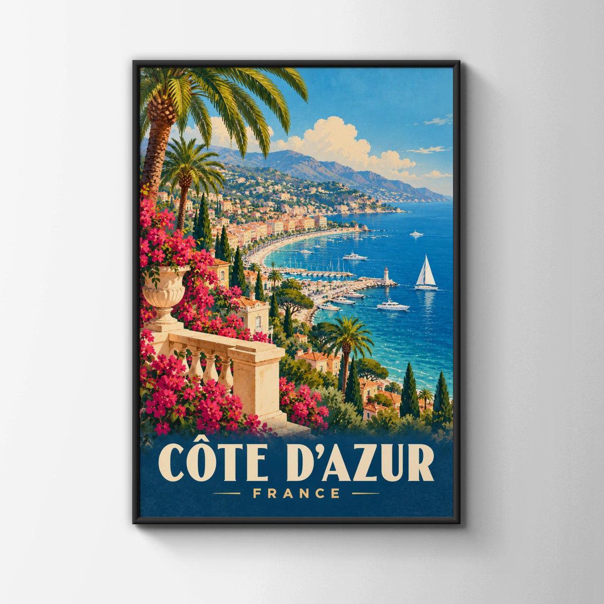 Cote d'Azur France Travel Poster, Retro French Riviera Wall Art, Mediterranean Print
