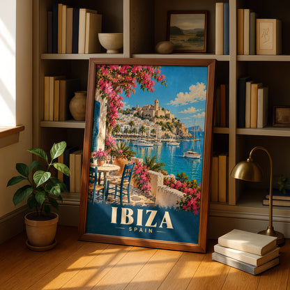 Ibiza Spain Travel Poster, Mediterranean Harbour Wall Art, Vintage Style Print