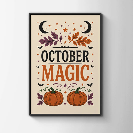 October Magic Halloween Poster, Autumn Pumpkin Wall Art, Witchy Celestial Seasonal Print
