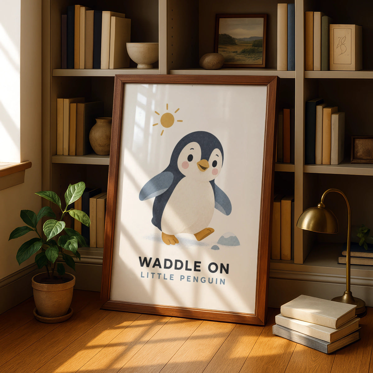 Waddle On Little Penguin Poster, Cute Animal Nursery Wall Art, Kids Room Print