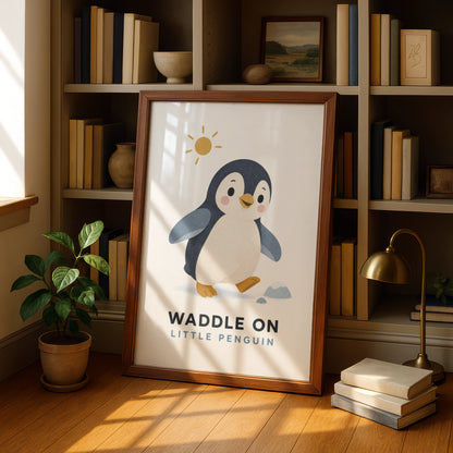 Waddle On Little Penguin Poster, Cute Animal Nursery Wall Art, Kids Room Print