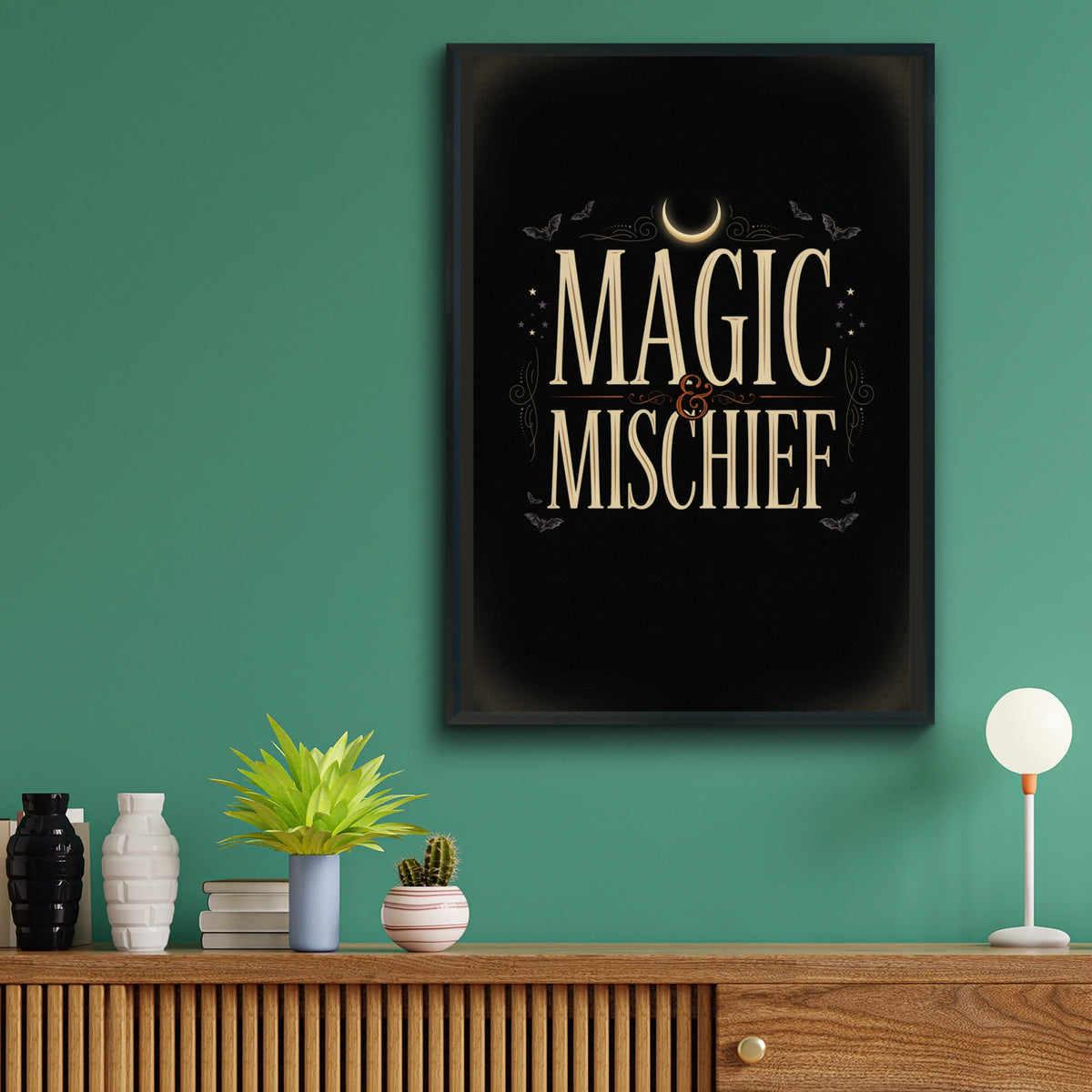 Magic and Mischief Halloween Wall Art, Witchy Poster, Dark Gothic Print, Bats Moon Decor