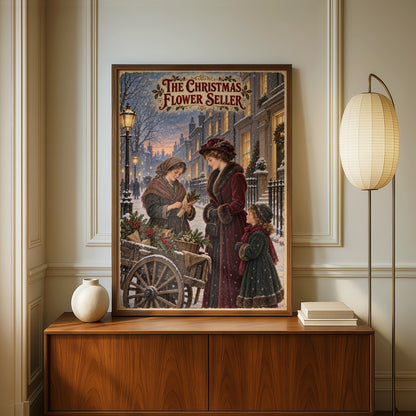 Victorian Christmas Flower Seller Poster, Vintage Snowy Street Wall Art Print