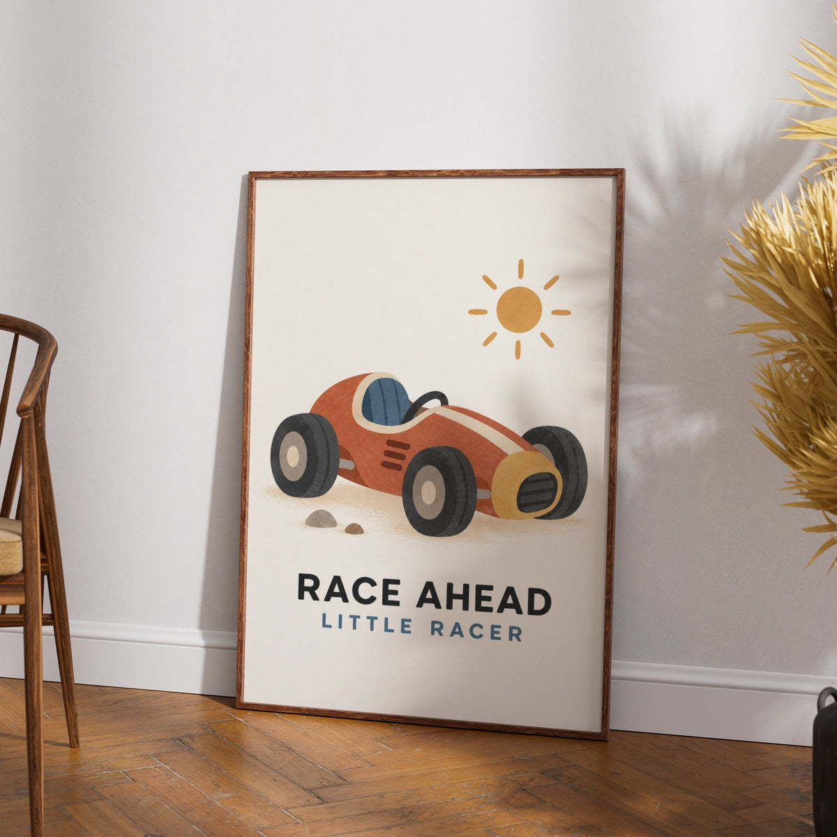 Race Ahead Little Racer Boys Nursery Poster, Vintage Racing Car Kids Wall Art Print
