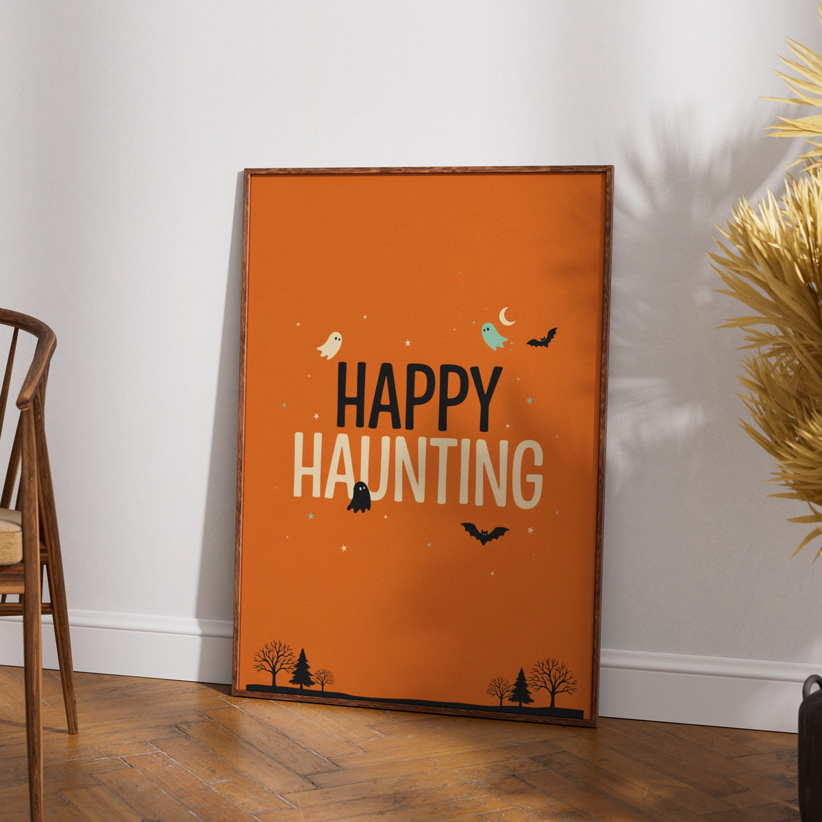 Happy Haunting Halloween Poster, Ghost Bat Orange Wall Art, Spooky Season Print