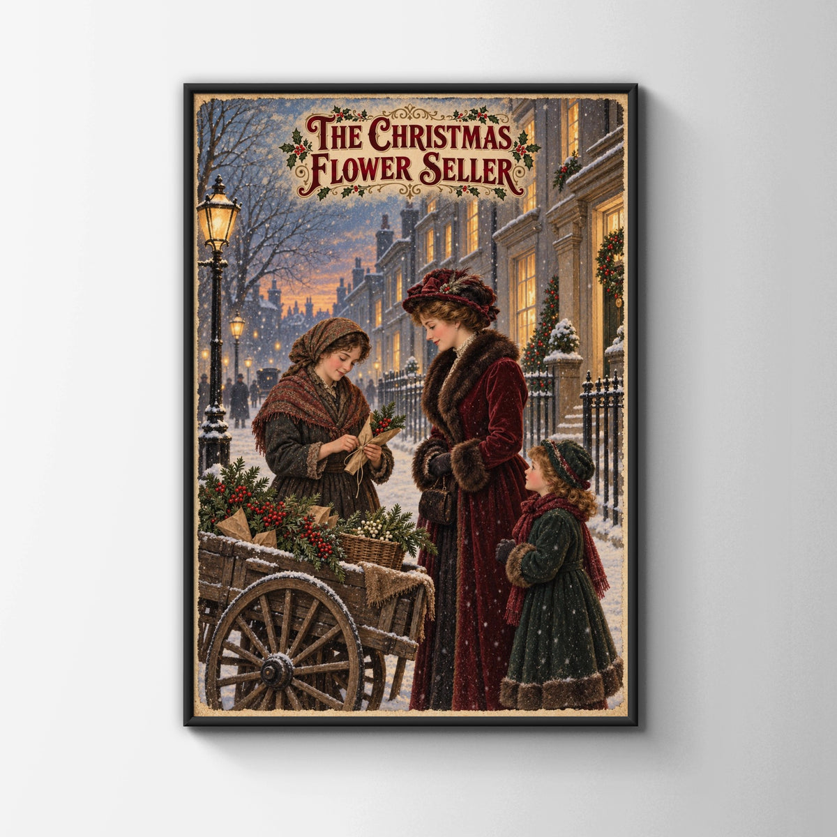 Victorian Christmas Flower Seller Poster, Vintage Snowy Street Wall Art Print