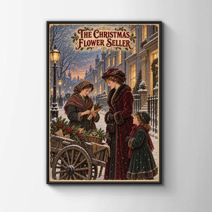Victorian Christmas Flower Seller Poster, Vintage Snowy Street Wall Art Print