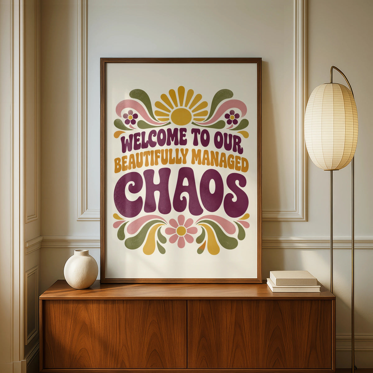 Beautifully Managed Chaos Retro Quote Print, Funny Home Wall Art, 70s Groovy