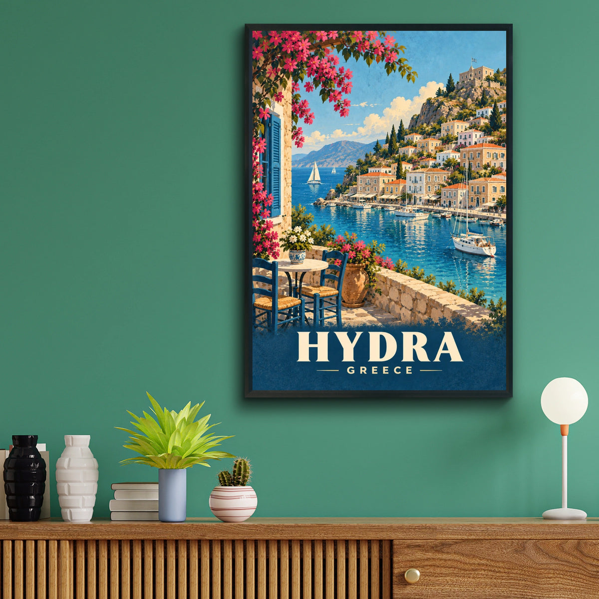 Hydra Greece Travel Poster, Greek Island Harbour Wall Art, Mediterranean Print