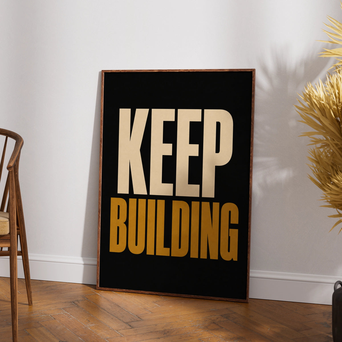 Keep Building Motivational Poster, Bold Typography Wall Art, Black Gold Office Print